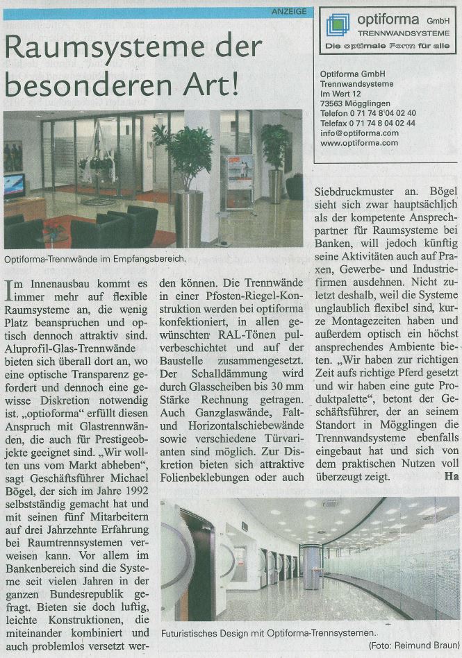 Zeitungsbericht über Optiforma Trennwandsysteme in Mögglingen/Ostalbkreis/Baden-Württemberg in Wirtschaft Regional